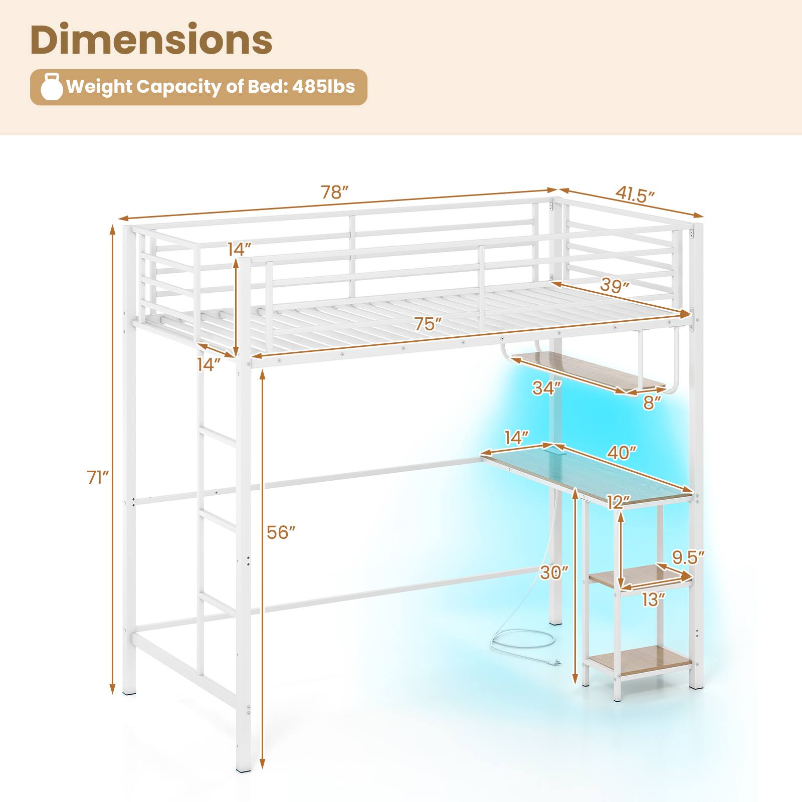 Dimensions Weight Capacity of Bed: 485lbs  
78" x 41.5" x 14"  
75" x 39" x 14"  
71" x 56" x 14"  
34" x 8" x 14"  
30" x 40" x 12"  
9.5" x 13"