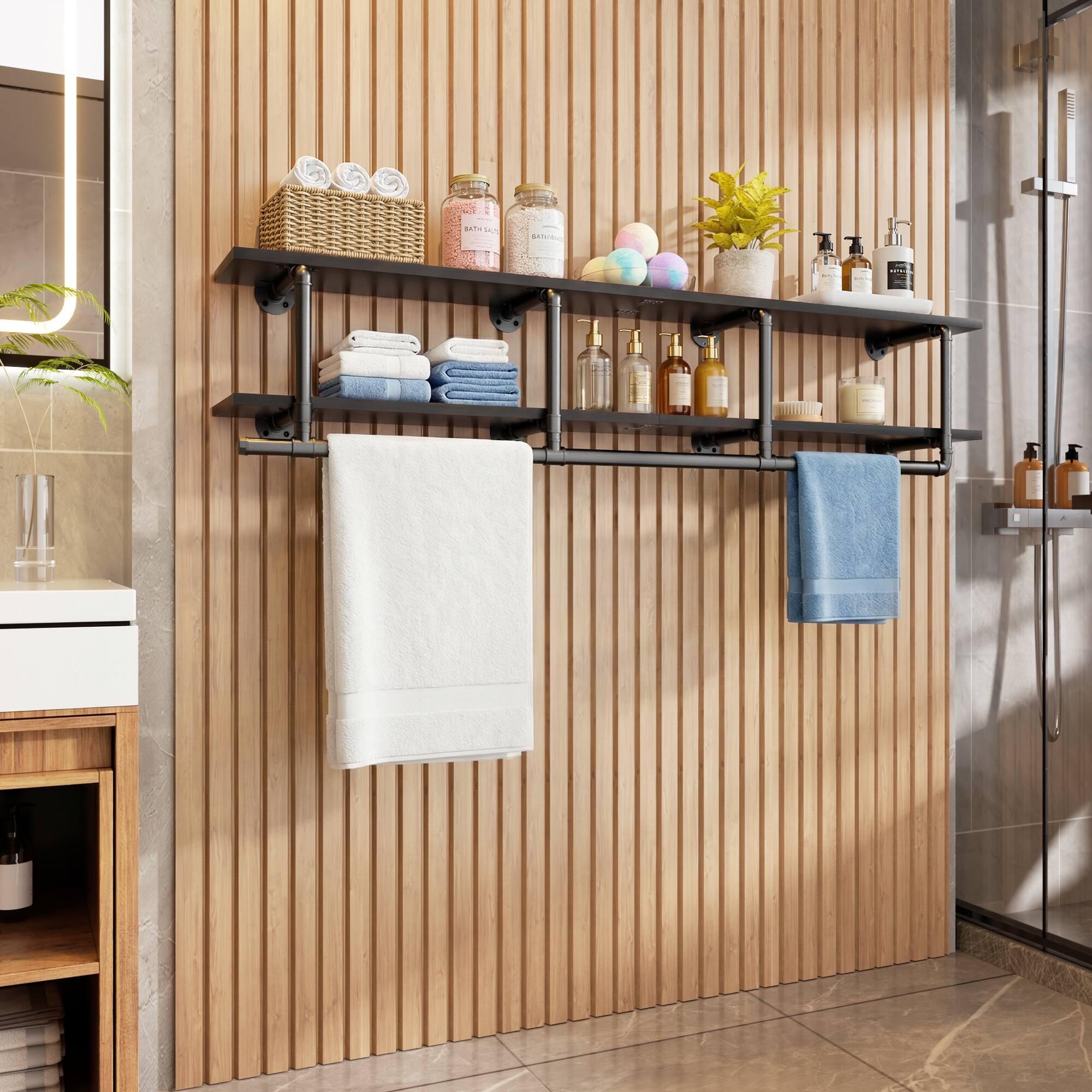 Alt View 2. Aheaplus - 59'' Wide Wall Mounted Pipe Clothing Rack, 2-Tier Wall Shelf with Hanging Rods for Entryway, Closet, Laundry - Black.