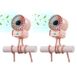 PRIMEPLUS - 2-Pack Multifunctional Portable Stroller Mini Handheld Fan, 4 Speeds 6600rpm Rechargeable, Extended Tripod - Pink-2pcs