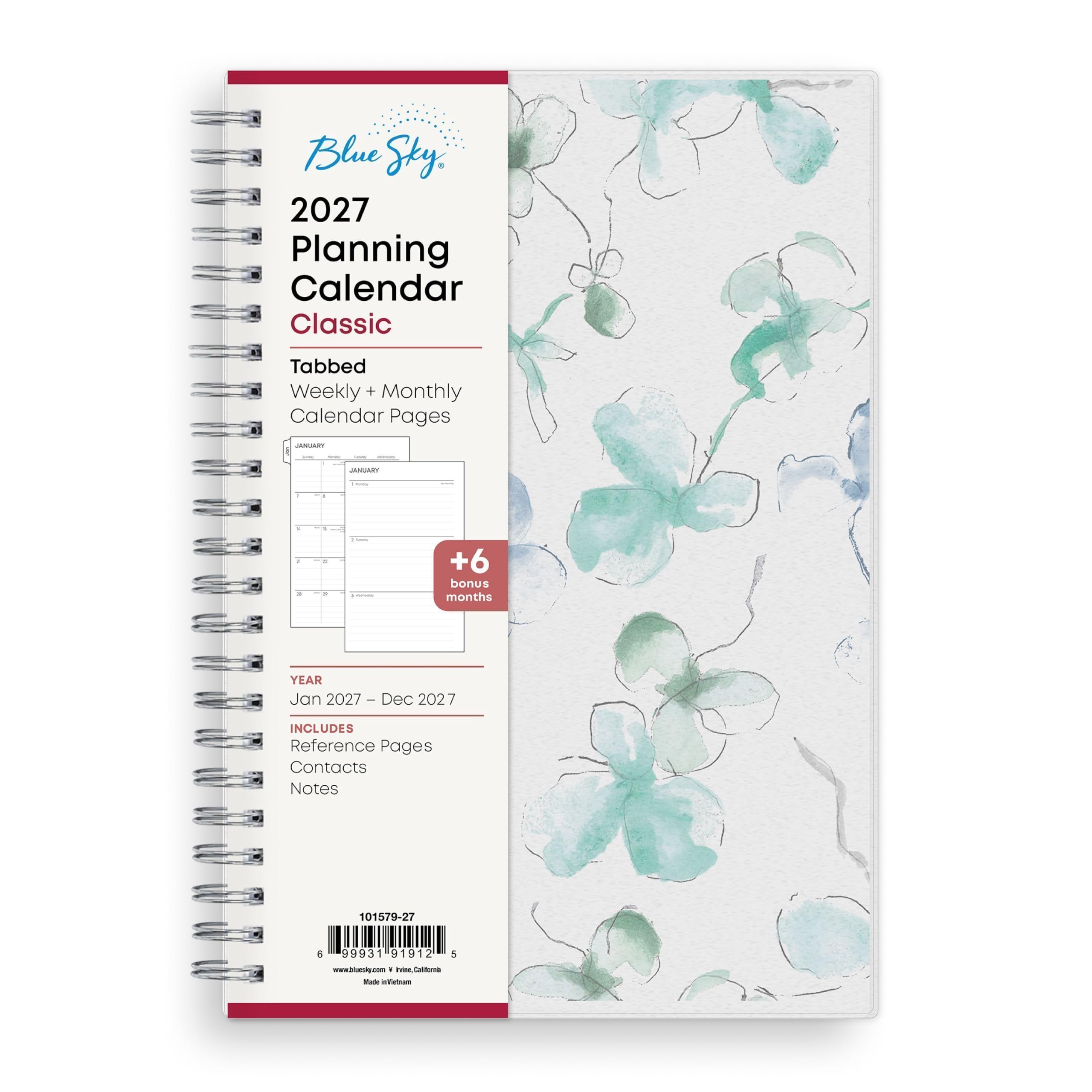 Blue Sky, 2027 Planning Calendar Classic  
Tabbed Weekly + Monthly Calendar Pages  
JUNGART  
TOTALAGE  
1 14  
a  
+6 bonus months  
YEAR Jan 2027 - Dec 2027  
INCLUDES Reference Pages Contacts Notes  
101579-27  
5 99931 91912 5 www.bluesky.com  
Made in China