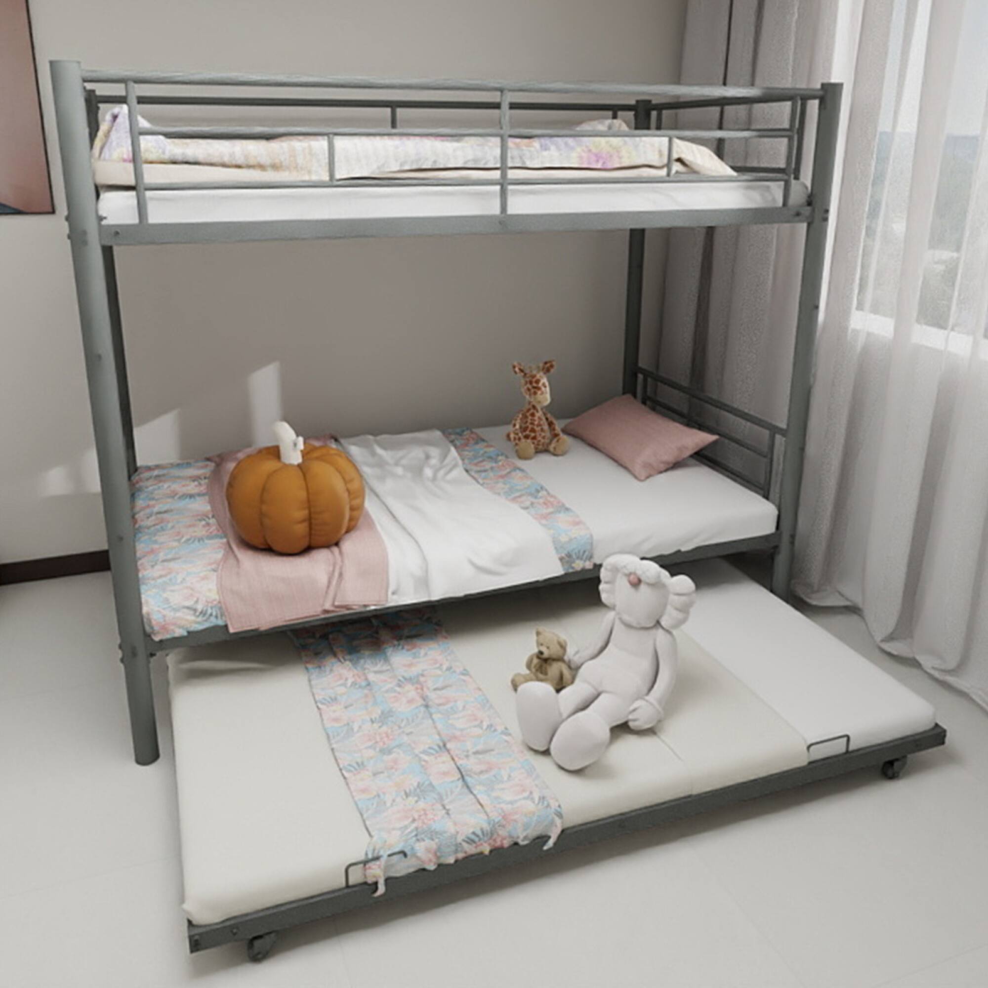 Front. GOODSILO - Heavy-Duty Twin Over Twin Bunk Bed with Safety Rails and Ladder, Sturdy Metal Frame for Kids and Teens - Silver.