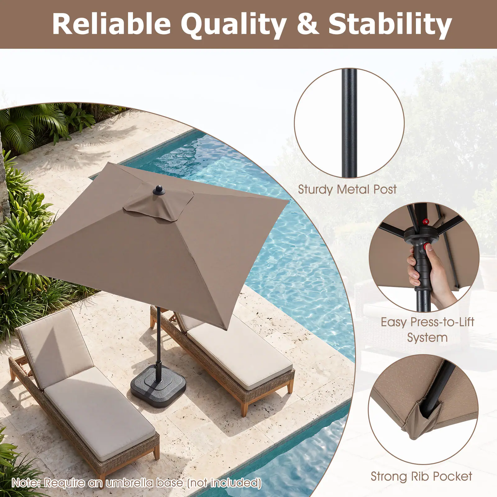 Reliable Quality & Stability

Sturdy Metal Post

Easy Press-to-Lift System

Strong Rib Pocket

Note: Require an umbrella base (not included)