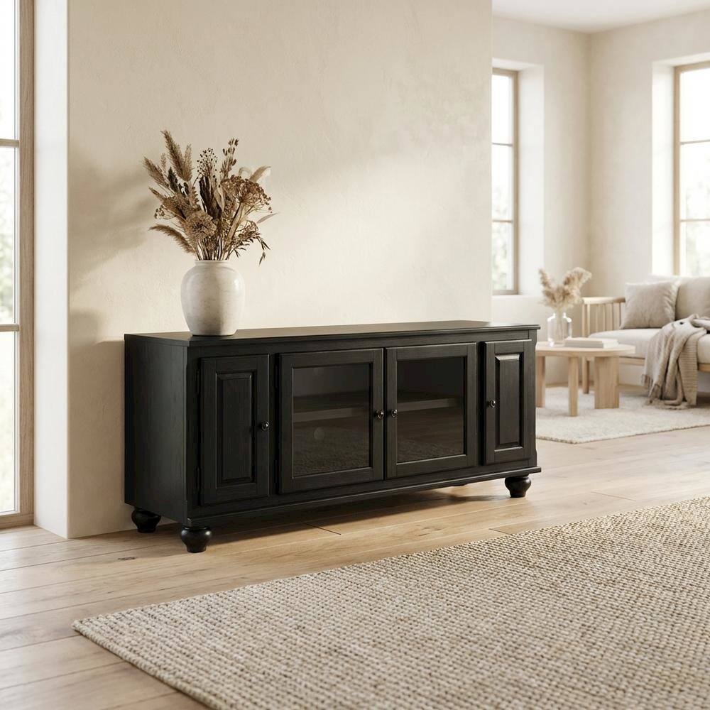 FurniFact Black wood TV stand with spacious surface and modern