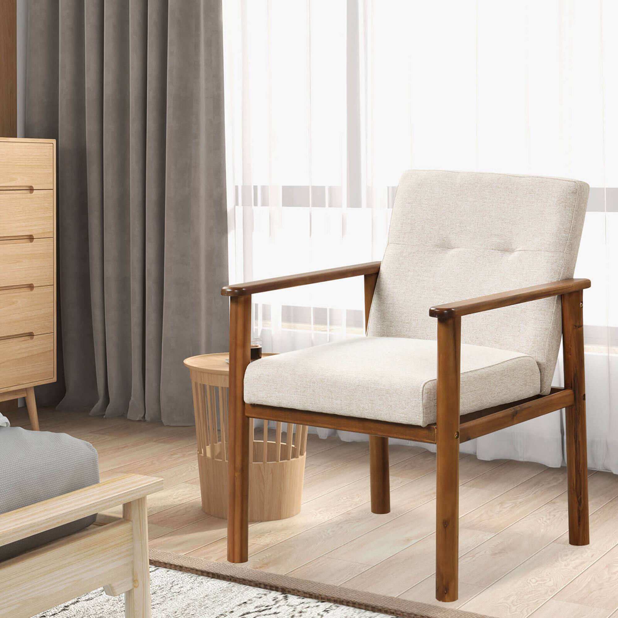 Back. Costway - Modern Accent Chair Upholstered Linen Fabric Armchair with Solid Wood Legs - Beige.