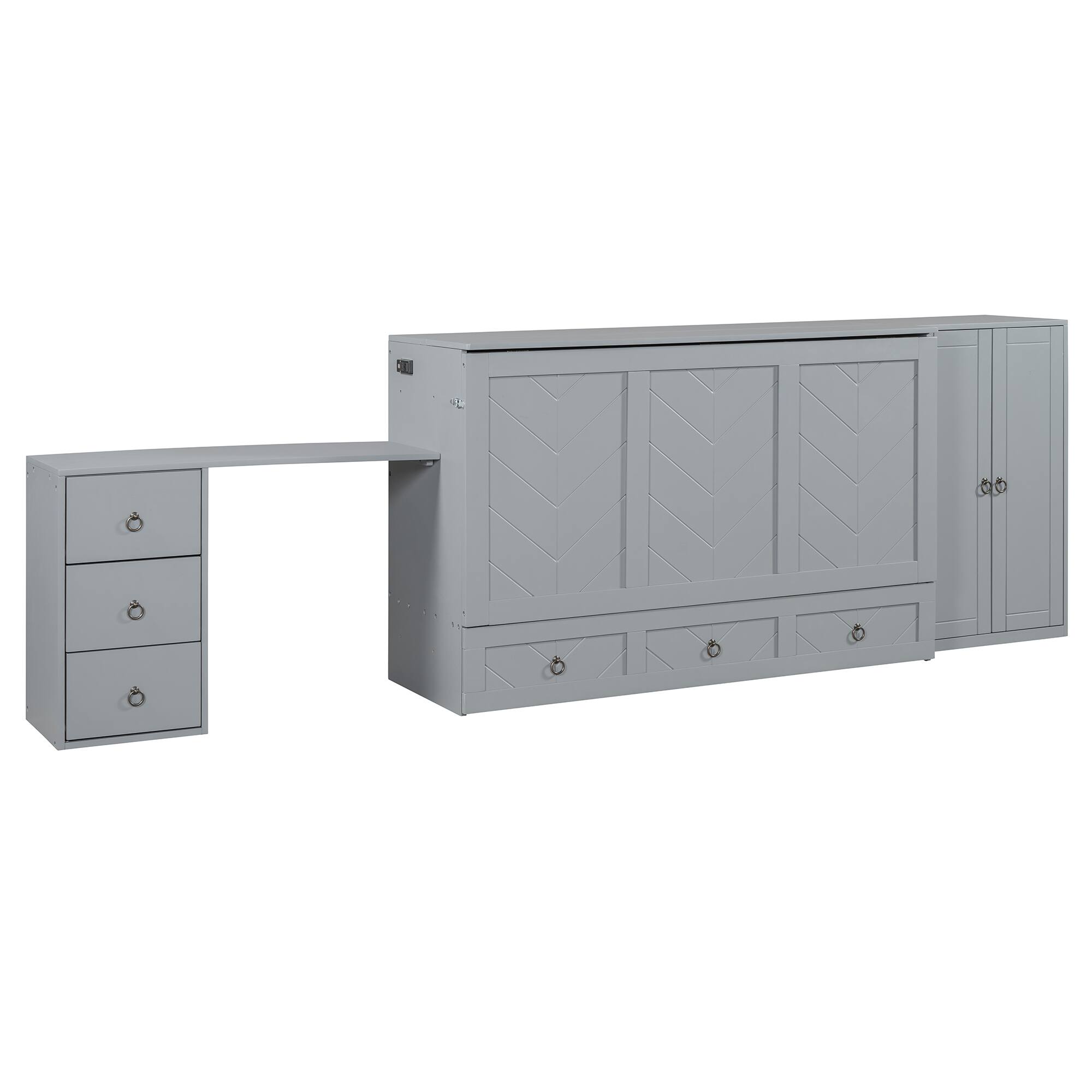 Back. Tiramisubest - Queen Size Murphy Bed with USB, Drawer, Wardrobe/Desk - Gray Wood+MDF Cabinet Bed - Gray.