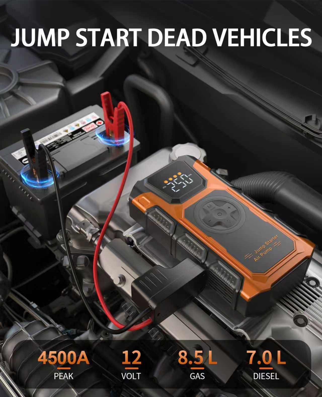 JUMP START DEAD VEHICLES

4500A PEAK  
12 VOLT  
8.5 L GAS  
7.0 L DIESEL