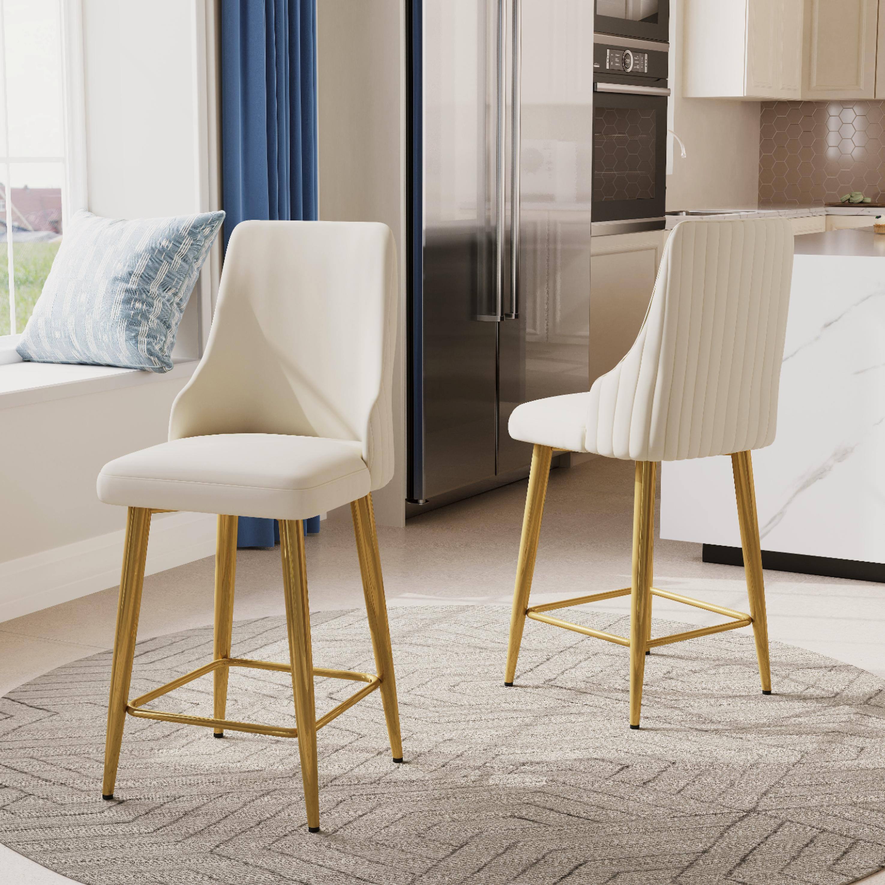 Back. POVISON - 24" Modern Upholstered Counter Height Bar Stools Set of 2, Counter Stools for Breakfast Nook, Beige & Golden - Beige & Gold PU Leather.