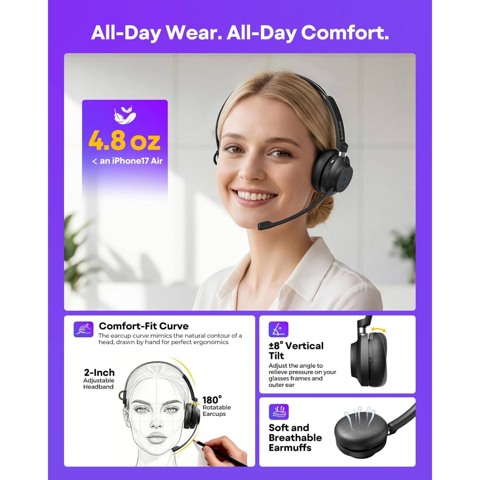 All-Day Wear. All-Day Comfort.  
4.8 OZ < an iPhone17 Air  
Comfort-Fit Curve  
The earcup curve mimics the natural contour of a head, drawn by hand for perfect ergonomics  
2-Inch Adjustable Headband  
180° Rotatable Earcups  
±8° Vertical Tilt  
Adjust the angle to relieve pressure on your glasses frames and outer ear  
Soft and Breathable Earmuffs