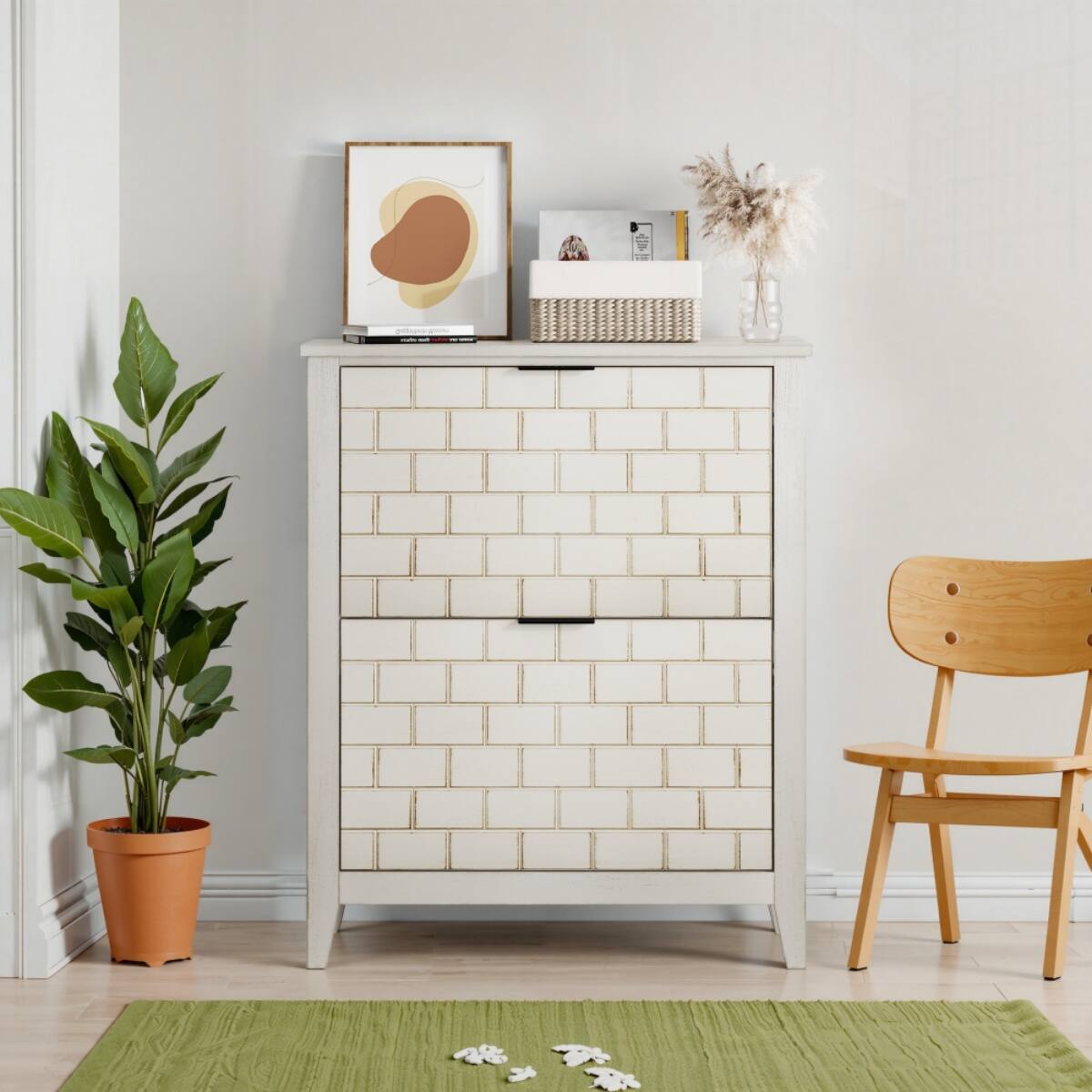 Angle. HTUTWOO - 31.5 Inch Retro White Shoe Cabinet with 2 Flip Drawers - Easy-to-Use Storage for Hallway, Entryway & Staircase Corer - White.