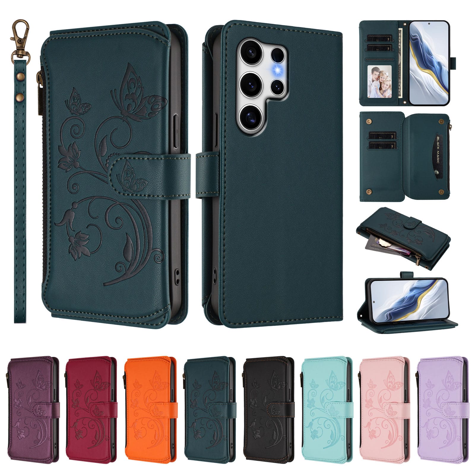Dteck - Crossbody Wallet Case for Samsung Galaxy S25 Ultra,Embossed Butterfly Flower Folio Cover with Zipper Pocket+Strap - Darkblue price history on PriceWatchPro