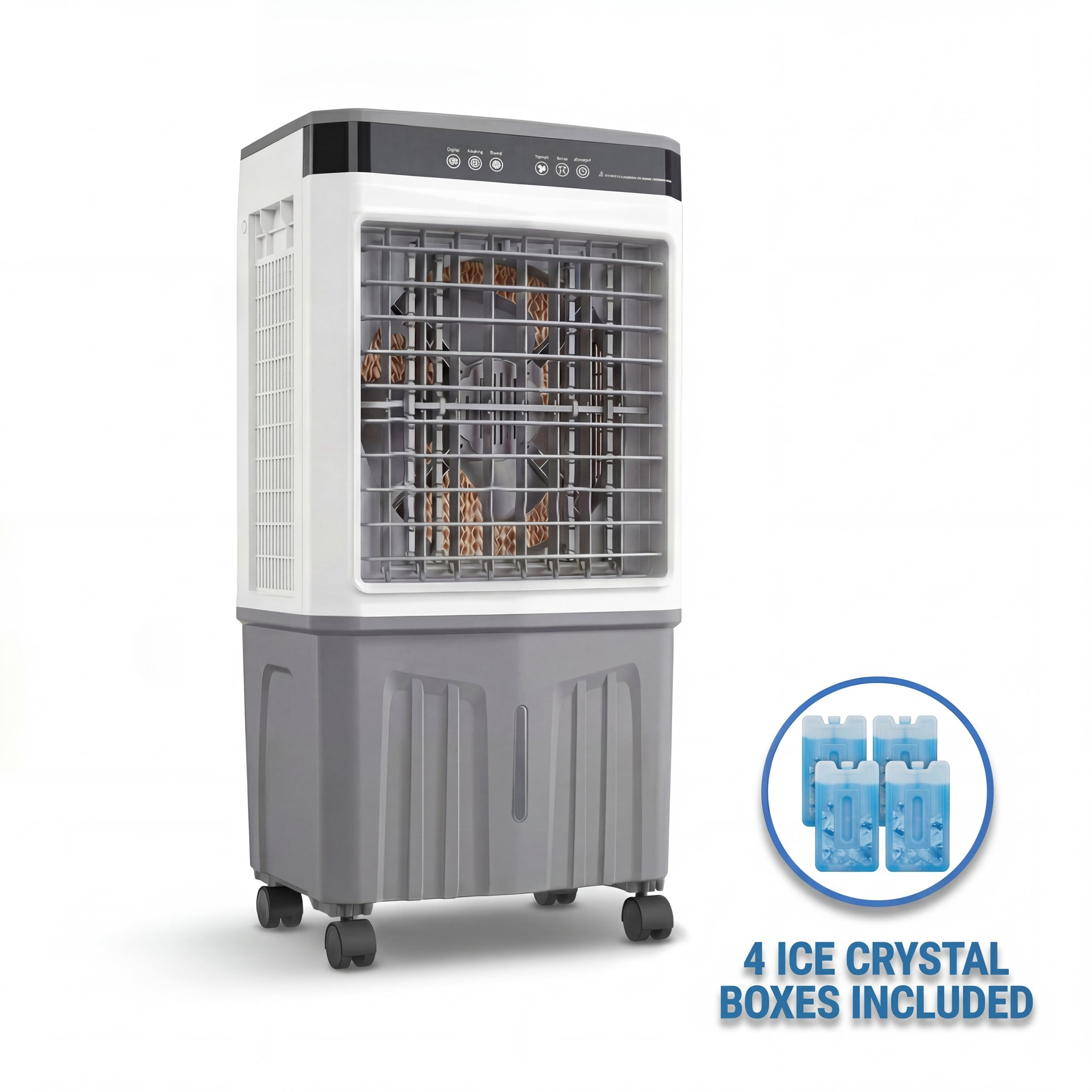 FUFU&GAGA - 9.5 Gal Evaporative Air Cooler with Remote – Indoor Outdoor Portable Cooling Fan with 4 Ice Packs, 3 Speeds - White & Gray
