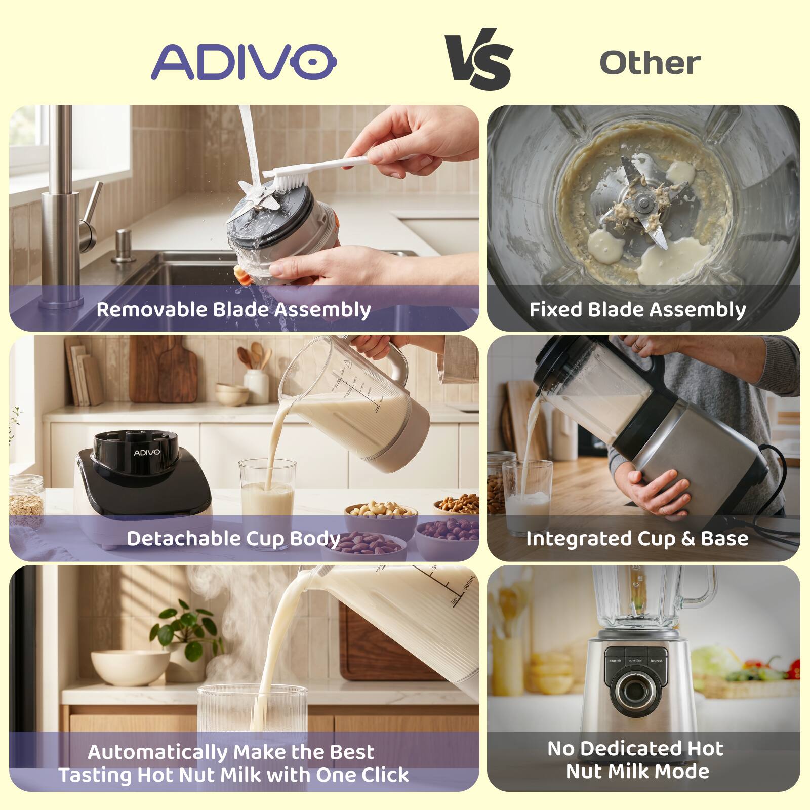 ADIVO vs Other  
- Removable Blade Assembly  
- Fixed Blade Assembly  
- Detachable Cup Body  
- Integrated Cup & Base  
- Automatically Make the Best Tasting Hot Nut Milk with One Click  
- No Dedicated Hot Nut Milk Mode