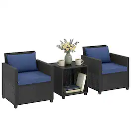 Outsunny - Piece Patio Bistro Set, Wicker Furniture Set with Thick Cushions, Glass Coffee Table and Chairs for Garden - Dark Blue