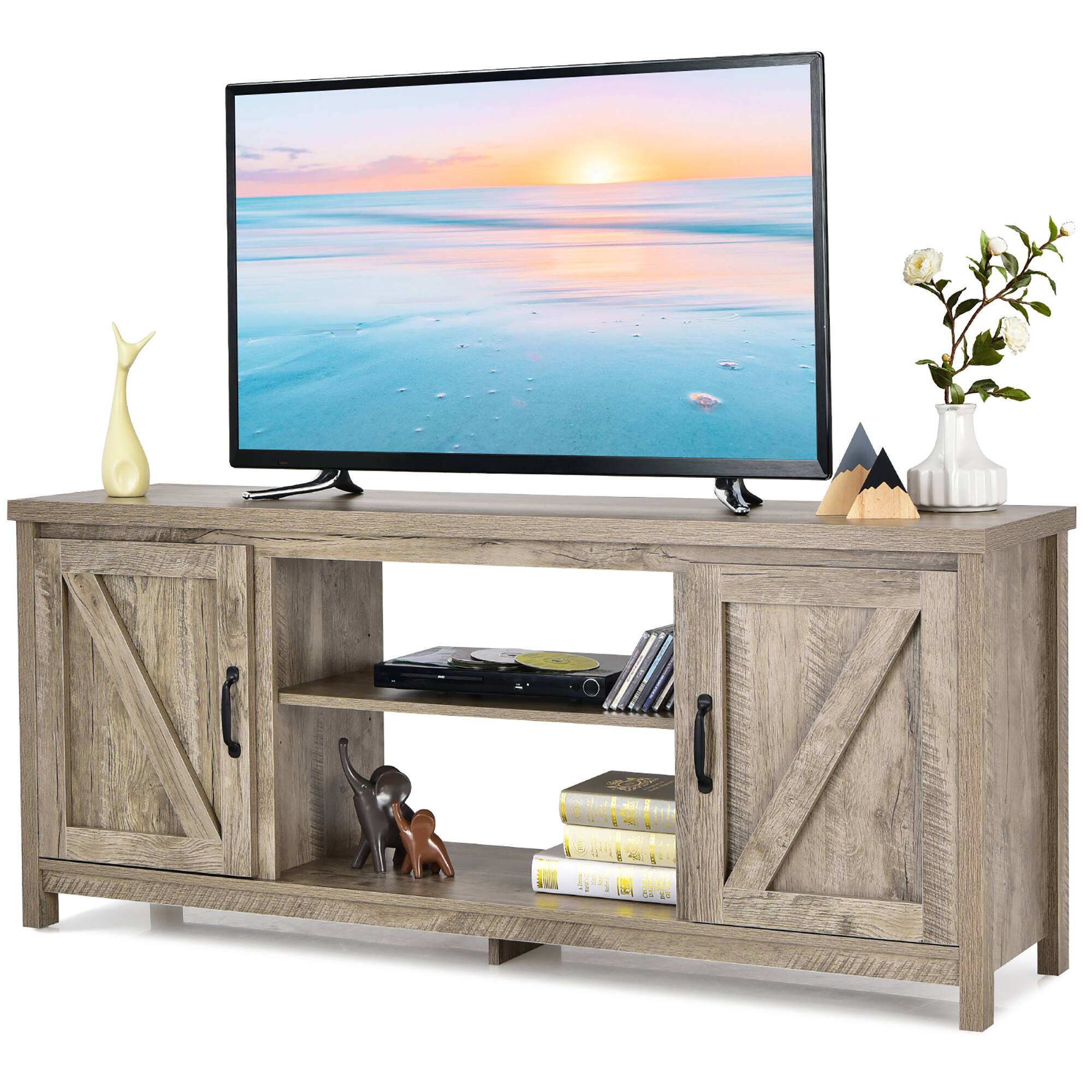 Costway - 59" TV Stand Media Console Center w/ Storage Cabinet for 65" TV - Natural