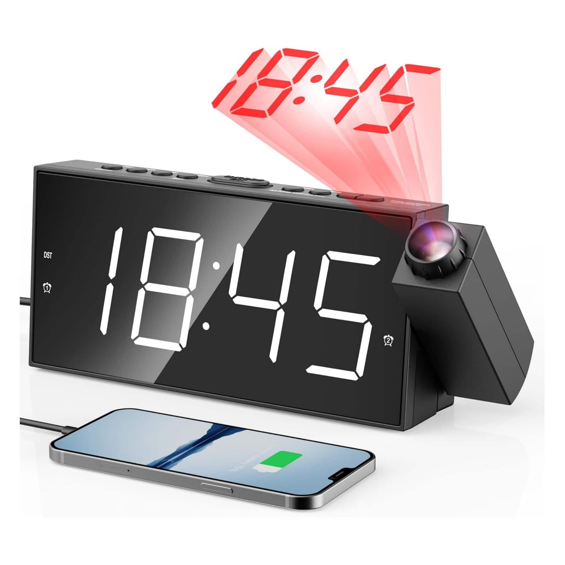 Dazzed Corner - Digital Projector Alarm Clocks,Plug-in Clock,Battery Backup,USB Charging Port - Black