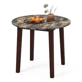 Gymax - 35'' Kitchen Table Round Dining Table w/ Marble-textured Veneer Tabletop - Brown