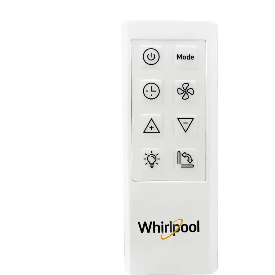 The image features a white remote control with a Whirlpool logo on it. The remote control has a mode button, which is located in the center of the control panel. The remote control is designed to operate various appliances, such as a washing machine, dryer, or dishwasher, depending on the specific model and features.