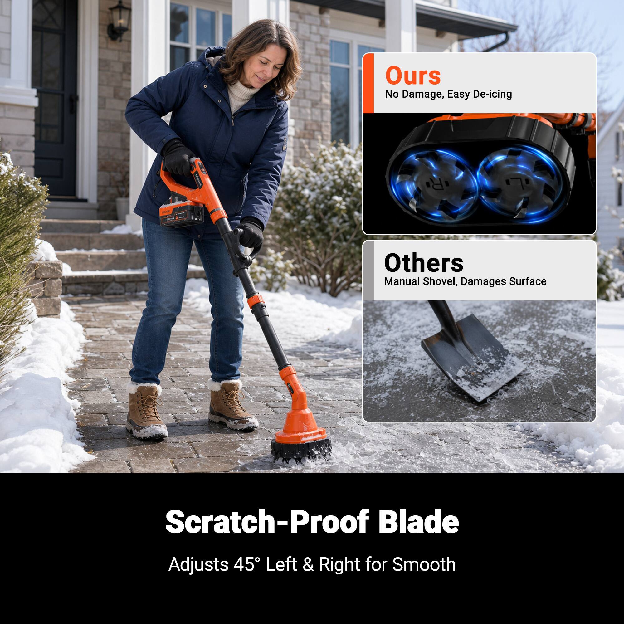 Ours  
No Damage, Easy De-icing

Others  
Manual Shovel, Damages Surface

Scratch-Proof Blade  
Adjusts 45° Left & Right for Smooth