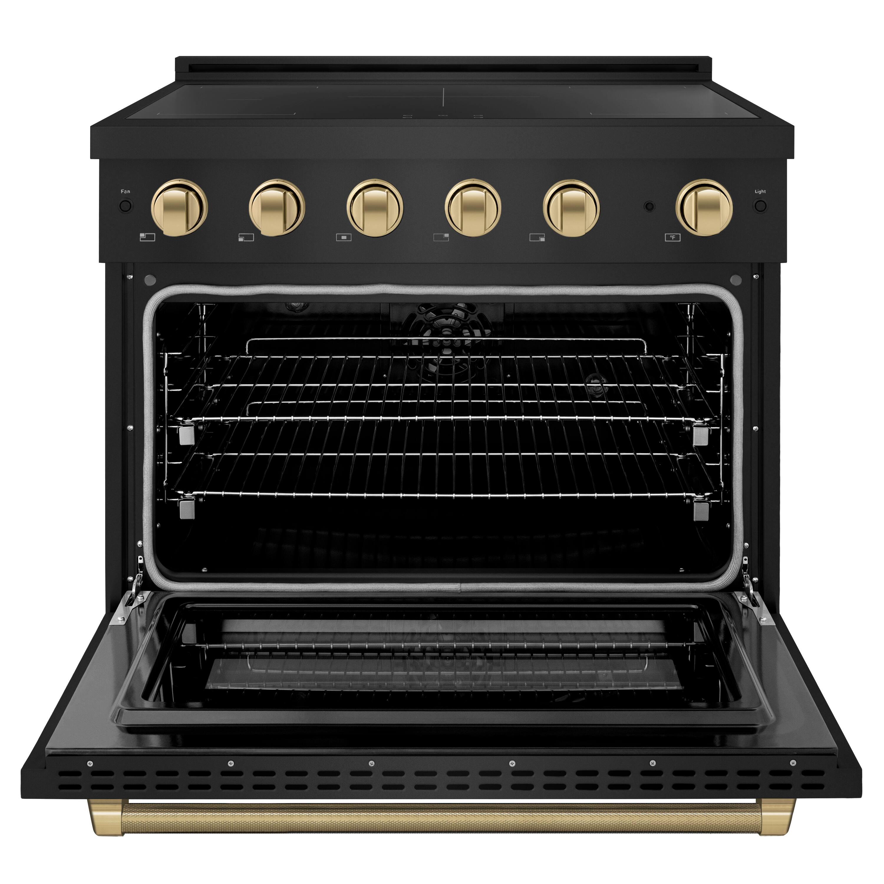 Angle. ZLINE - Autograph 36 in. 5.2 cu. ft. Paramount Freestanding Induction Range w/ 5 Burners in Black Steel & Bronze Helix Handle - Stainless Steel.