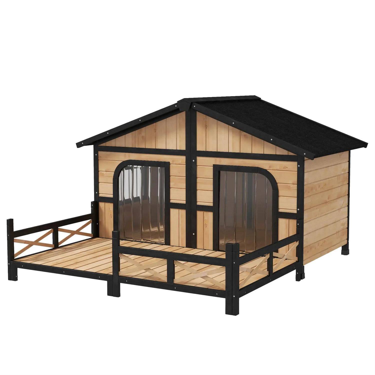 Alt View 4. Pefilos - 59" Outdoor Dog House with Porch, Double Room, Openable Roof, Removable Bottom, Wooden Dog House with Elevated Floor.