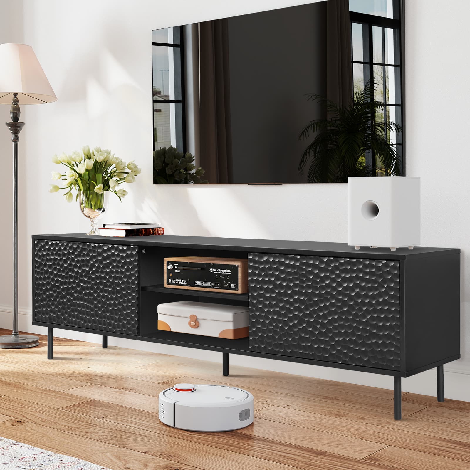 Bestier - Modern TV Stand with Adjustable Shelves & Honeycomb Pattern - Black