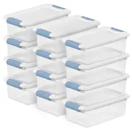 Sterilite - 6 Qt. Plastic Stackable Storage Box with Latching Lid, Clear (12 Pack) - Clear/Blue