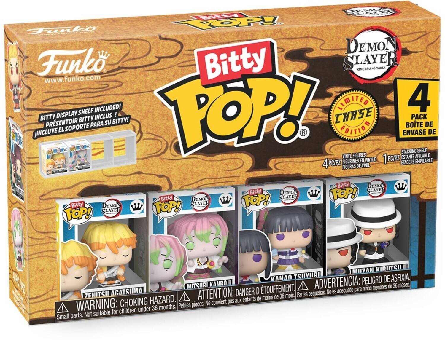 Funko  
www.funko.com  

Bitty POP!  
Demon Slayer  
Kimetsu no Yaiba  

Bitty Display Shelf Included!  
4 Pack  

Limited Chase Edition  

4 PC/PZ  
1 PC/PZ  

Stacking Shelf  
Vinyl Figures  

Bitty POP!  
Zenitsu Agatsuma  

Bitty POP!  
Mitsuri Kanroji  

Bitty POP!  
Kanau Tsuviiri  

Bitty POP!  
Muzan Kibutsuji  

Warning: Choking Hazard. Small parts. Not suitable for children under 36 months.