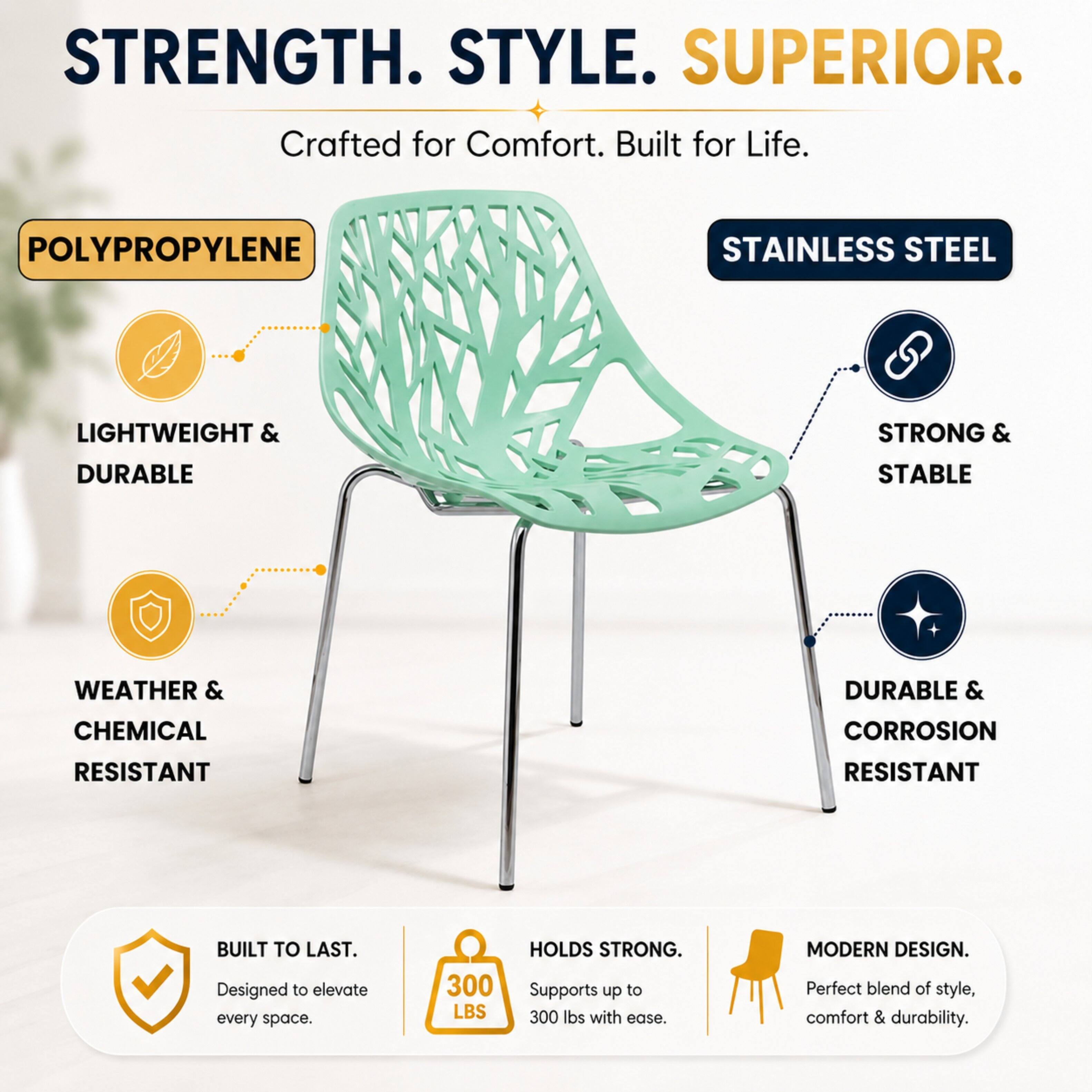 STRENGTH. STYLE. SUPERIOR.  
Crafted for Comfort. Built for Life.  

POLYPROPYLENE  
LIGHTWEIGHT & DURABLE  
WEATHER & CHEMICAL RESISTANT  

STAINLESS STEEL  
STRONG & STABLE  
DURABLE & CORROSION RESISTANT  

BUILT TO LAST.  
Designed to elevate every space.  

300 LBS  
HOLDS STRONG.  
Supports up to 300 lbs with ease.  

MODERN DESIGN.  
Perfect blend of style, comfort & durability.