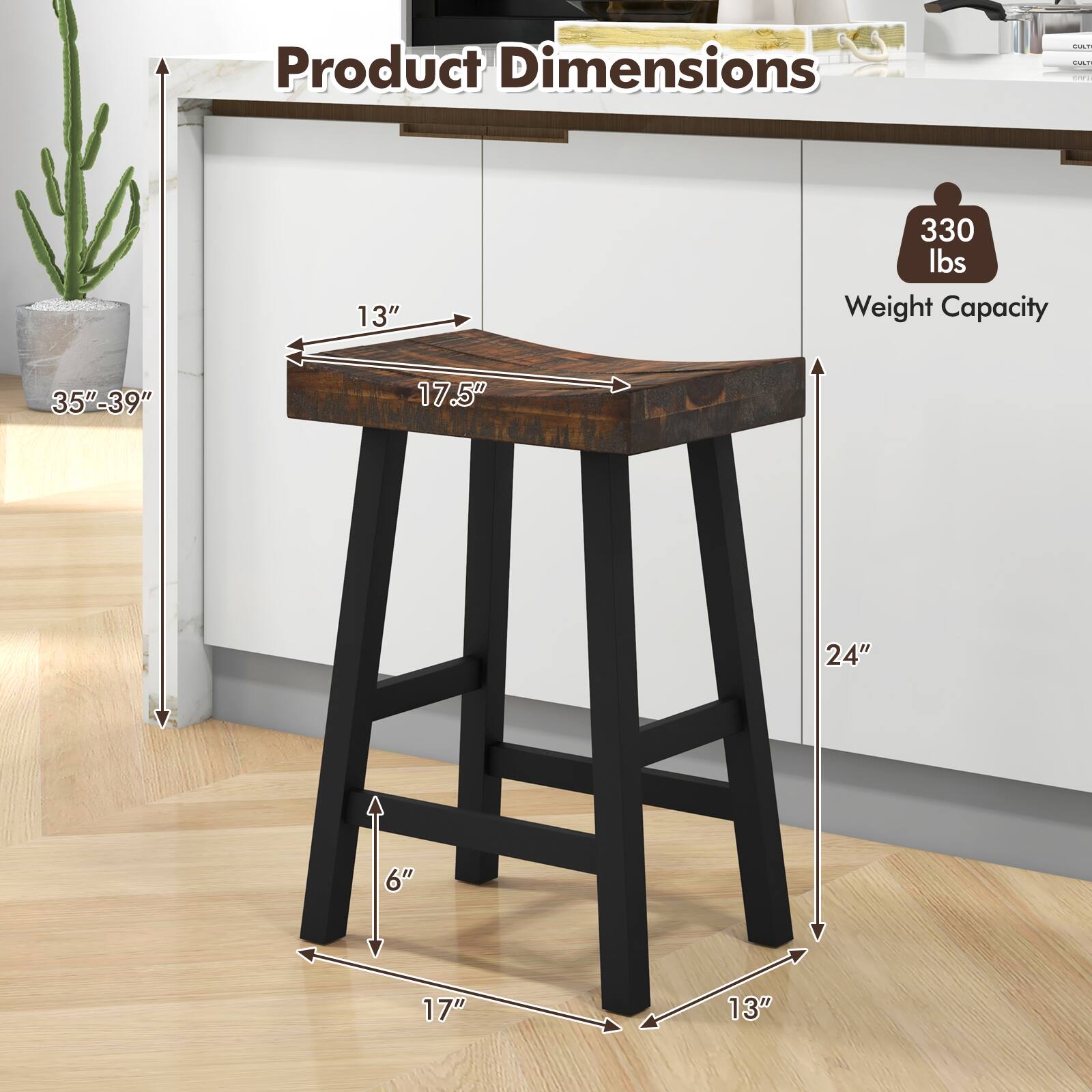 Product Dimensions

- Width: 35"-39"
- Depth: 17.5"
- Height: 24"
- Seat Height: 13"
- Base Width: 17"
- Base Depth: 13"
- Base Height: 6"

Weight Capacity: 330 lbs