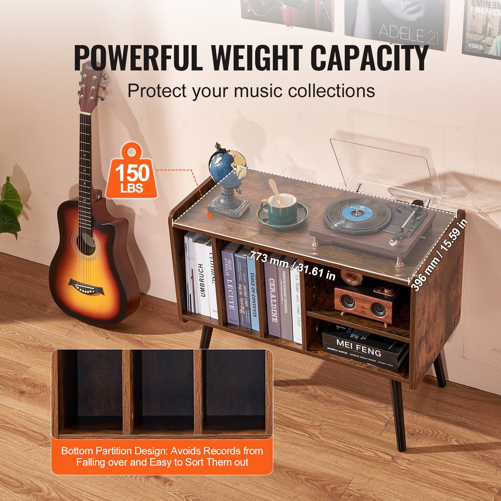POWERFUL WEIGHT CAPACITY  
Protect your music collections  

150 LBS  

773 mm / 30.41 in  
396 mm / 15.59 in  

Bottom Partition Design: Avoids Records from Falling over and Easy to Sort Them out