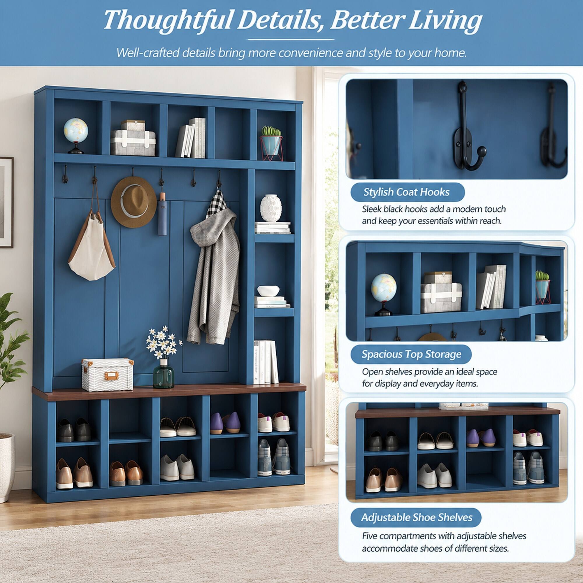Thoughtful Details, Better Living  
Well-crafted details bring more convenience and style to your home.

Stylish Coat Hooks  
Sleek black hooks add a modern touch and keep your essentials within reach.

Spacious Top Storage  
Open shelves provide an ideal space for display and everyday items.

Adjustable Shoe Shelves  
Five compartments with adjustable shelves accommodate shoes of different sizes.
