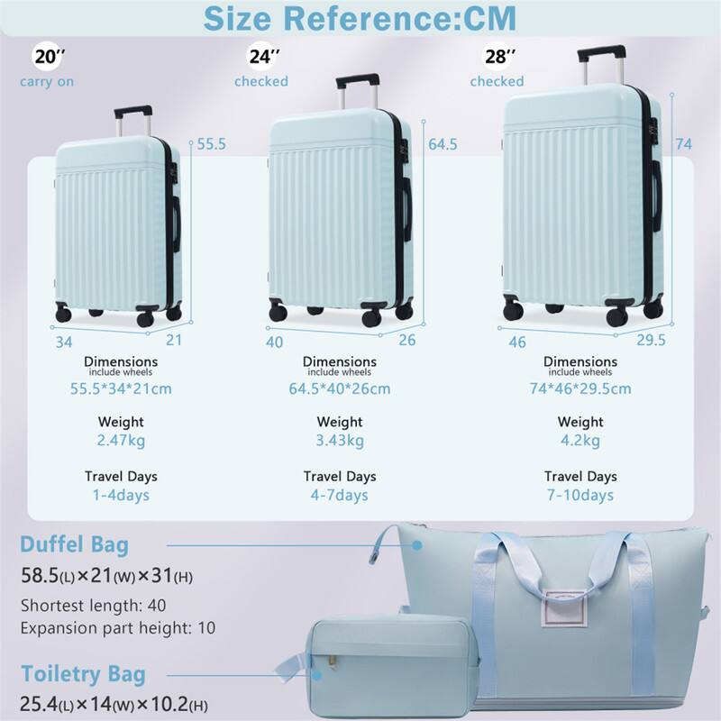 **Size Reference: CM**

- **20" carry on**
  - Dimensions: 55.5*34*21cm
  - Weight: 2.47kg
  - Travel Days: 1-4 days

- **24" checked**
  - Dimensions: 64.5*40*26cm
  - Weight: 3.43kg
  - Travel Days: 4-7 days

- **28" checked**
  - Dimensions: 74*46*29.5cm
  - Weight: 4.2kg
  - Travel Days: 7-10 days

**Duffel Bag**
- Dimensions: 58.5(L) x 21(W) x 31(H)
- Shortest length: 40
- Expansion part height: 10

**Toiletry Bag**
- Dimensions: 25.4(L) x 14(W) x 10.2(H)