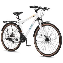 VEVOR - Hybrid Bike, Lightweight Aluminum Frame Bike, 700c Wheel Hybrid Bicycle,Step-Over Bikes,with 24-Speed Shimano Drivetrain - White, black