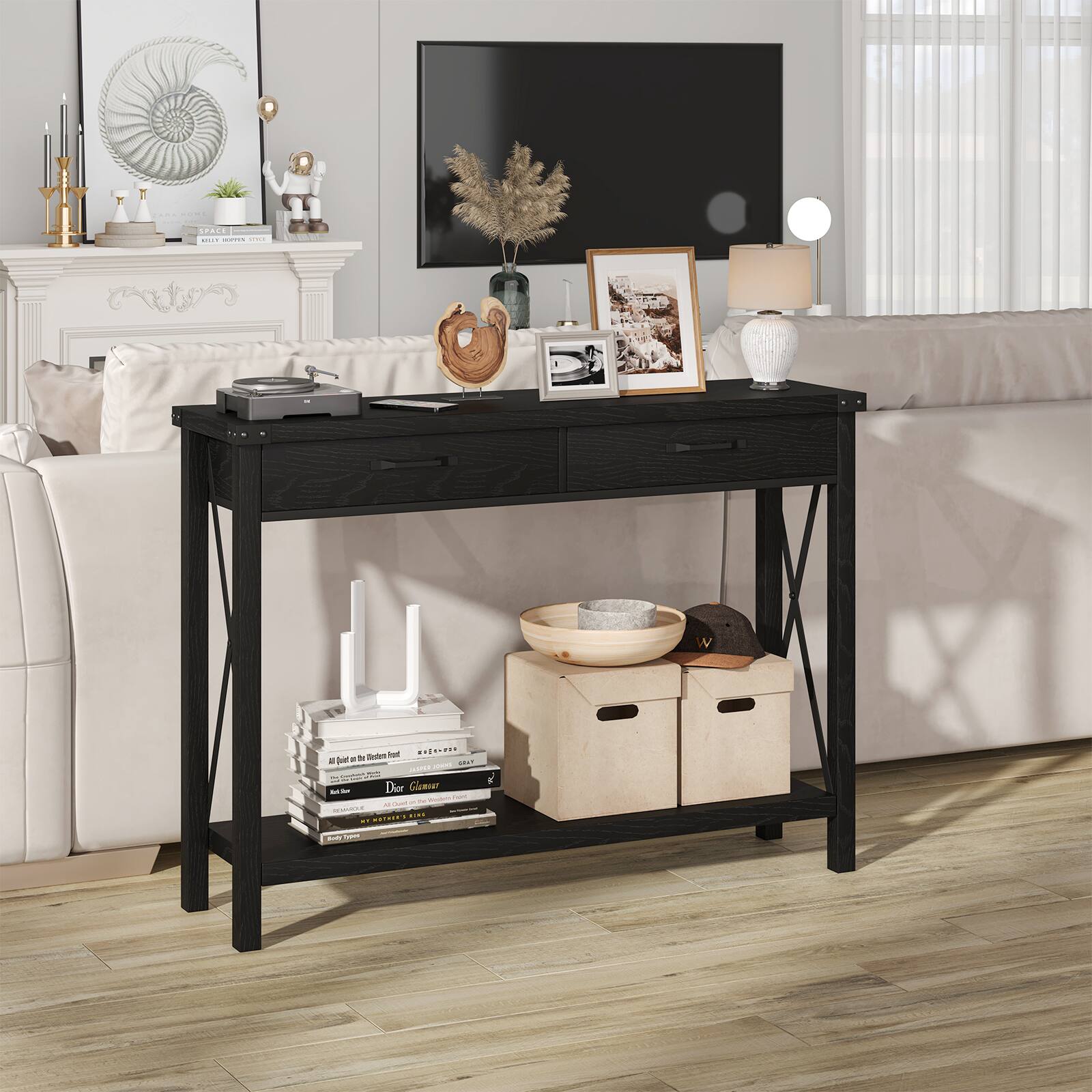 Acekool - 43 Inch Console Table with 2 Drawers,Entryway Table with Open Storage Shelf - Black