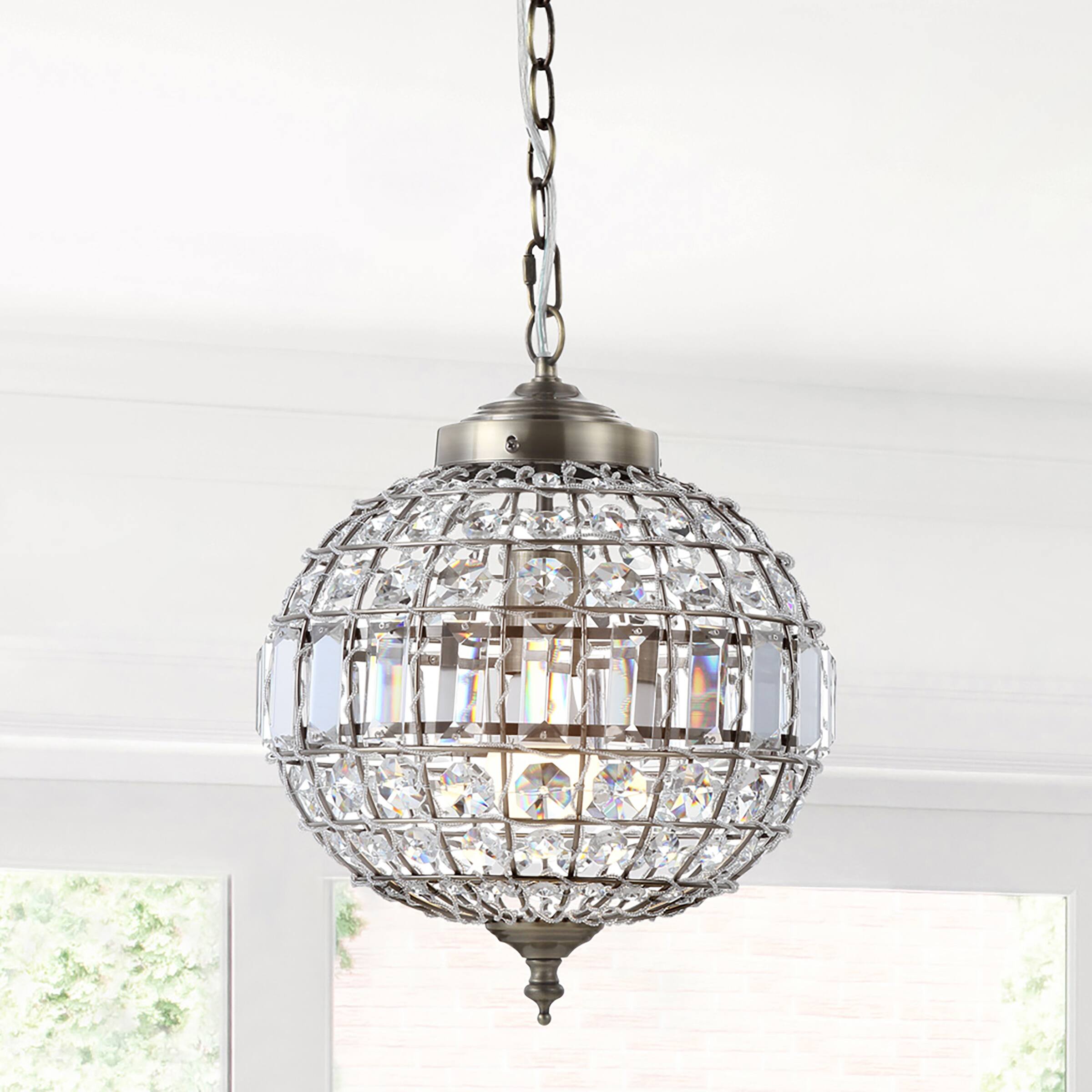 Alt View 1. Jonathan Y - Georgina 12" Crystal/Metal LED Pendant, Antique Brass - Antique Brass/Clear.