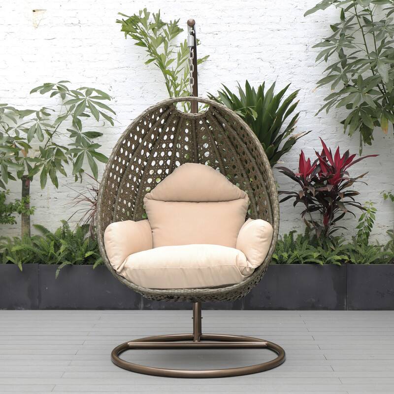 Back. LeisureMod - LeisureMod Beige Wicker Hanging Egg Chair with Iron Stand & Cushion - All-Weather Single Outdoor Patio Swing - Beige.