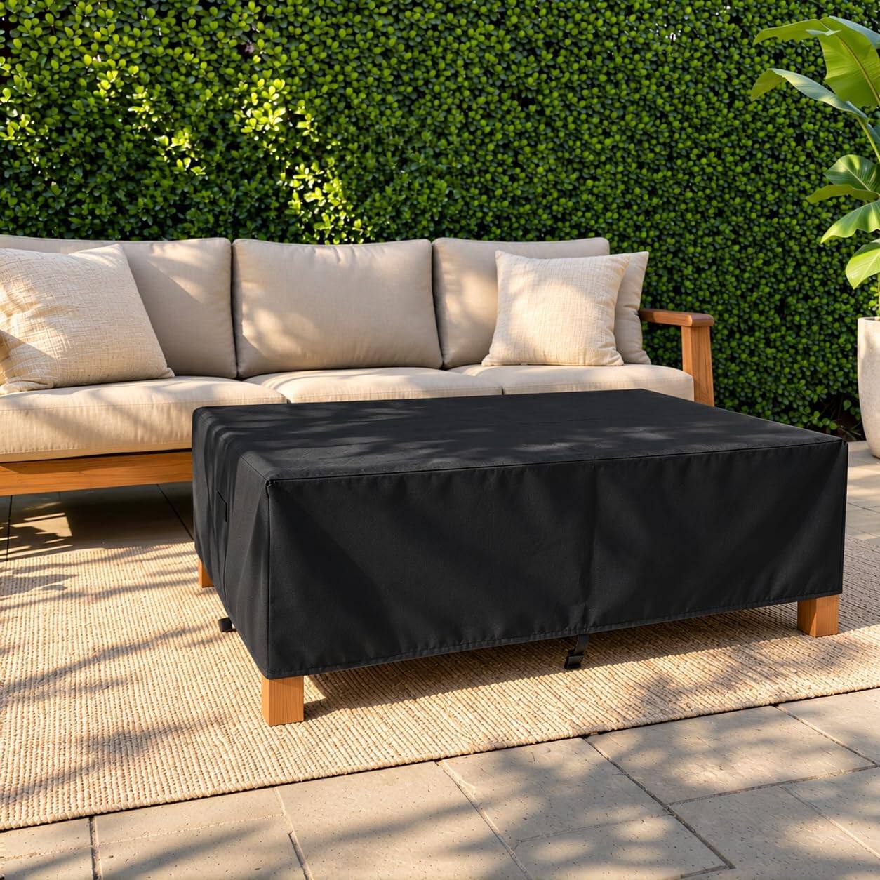 Angle. KHOMO GEAR - Outdoor Coffee Table Cover - Heavy Duty, Water Resistant Rectangular Patio Coffee Table Cover - 48"L x 28"W x 13"H - Black.