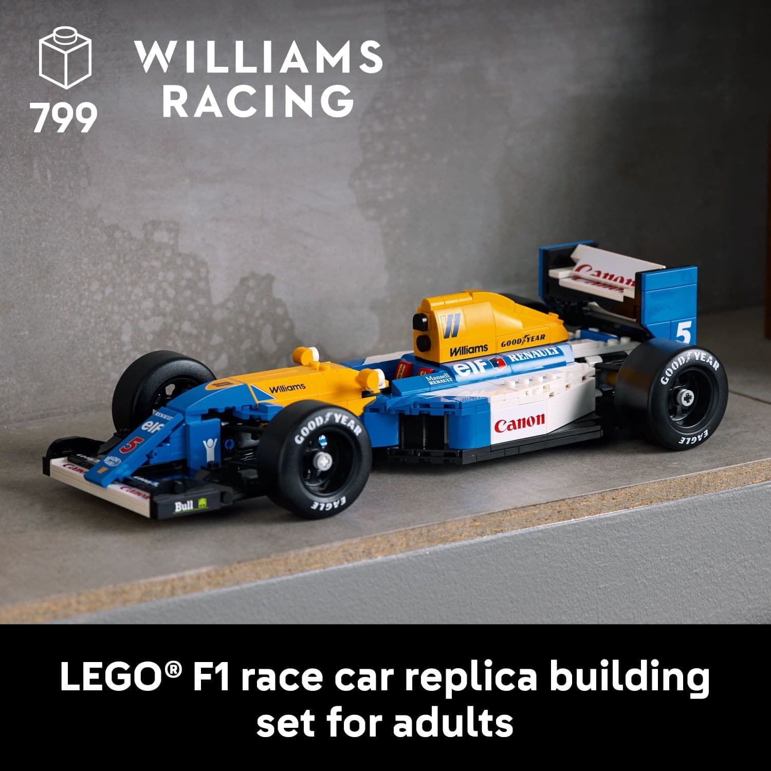 Williams Racing is a racing team that is sponsored by Good Year and Renault. They have a car numbered 799. The team is also known as Williams F1. The image features a Lego F1 race car replica building set for adults.