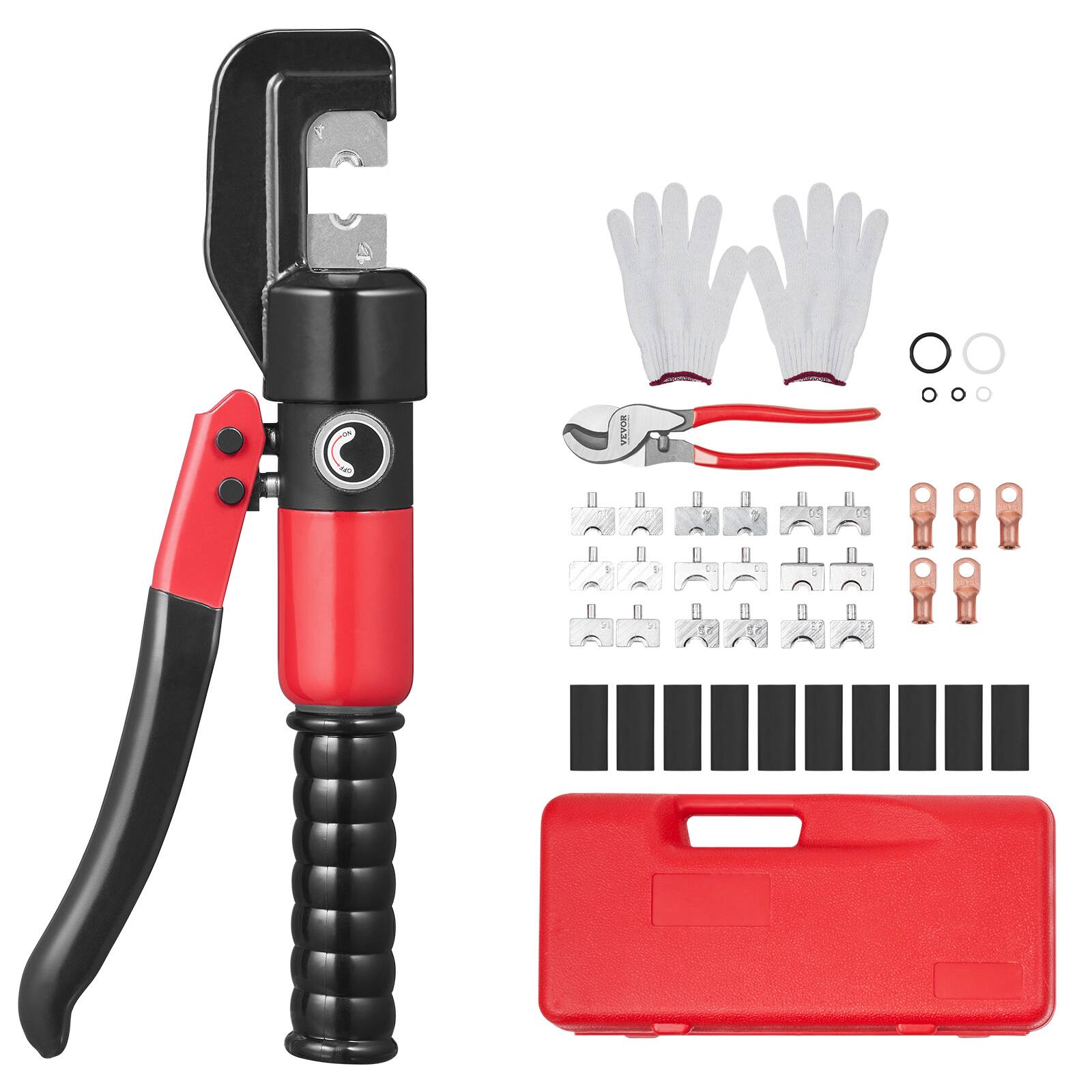 Alt View 5. VEVOR - Hydraulic Crimping Tool with 9 Sets of  Dies AWG12-2/0 Copper And Aluminum Terminal Battery Lug Crimper, with Gloves - orange.