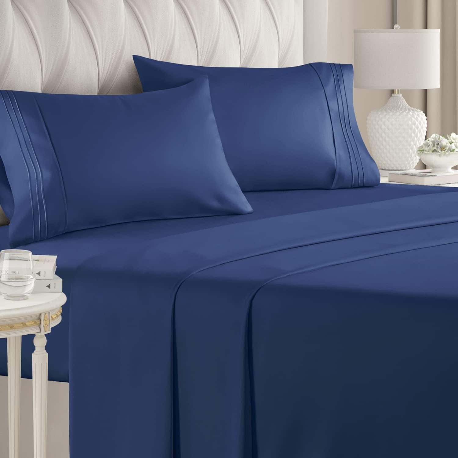 Front. CGK Linens - Luxury Soft 4 Piece Solid Bed Sheet Set - Deep Pocket Fits 8"-16" Mattresses - Queen - Navy Blue.