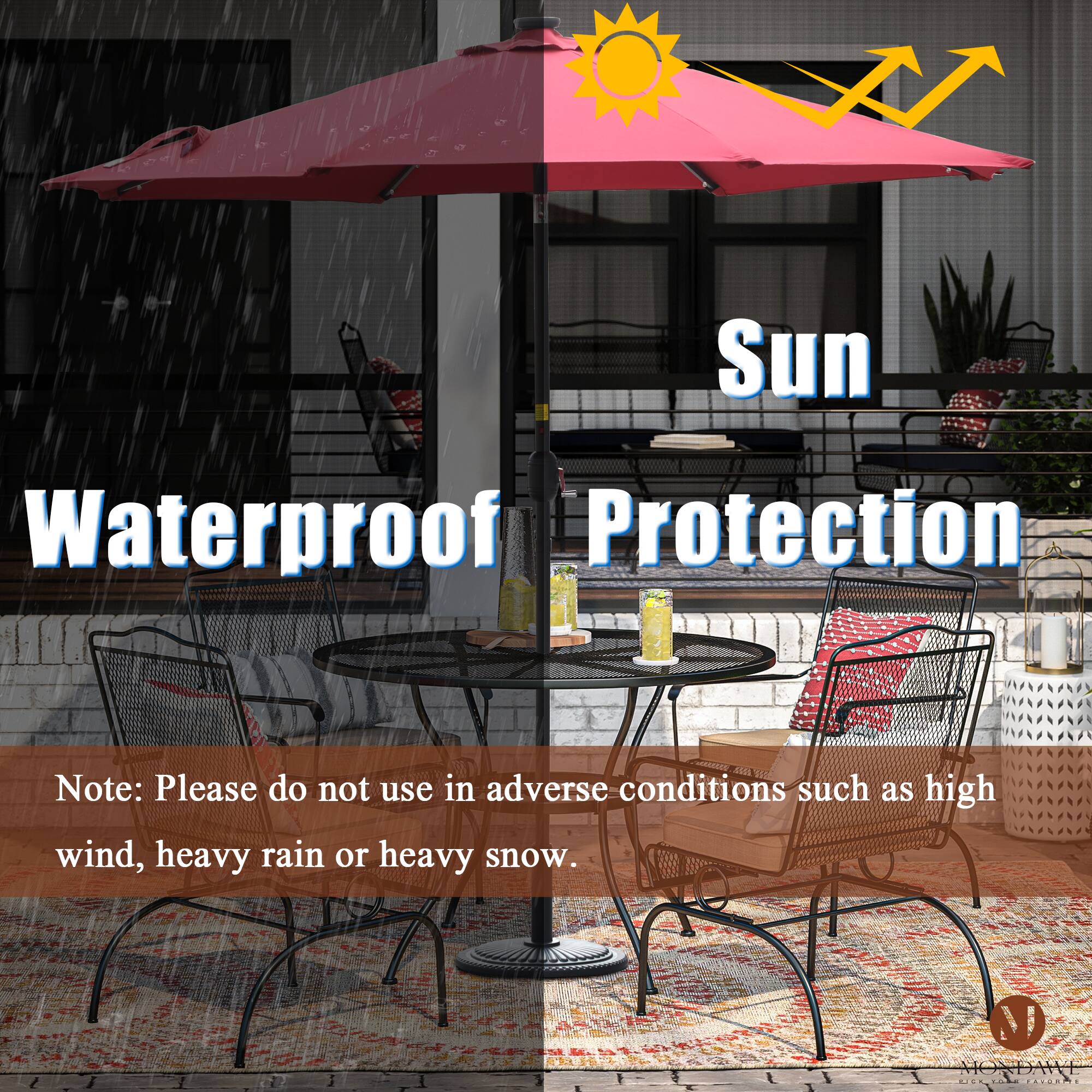 Sun Waterproof Protection

Note: Please do not use in adverse conditions such as high wind, heavy rain or heavy snow.