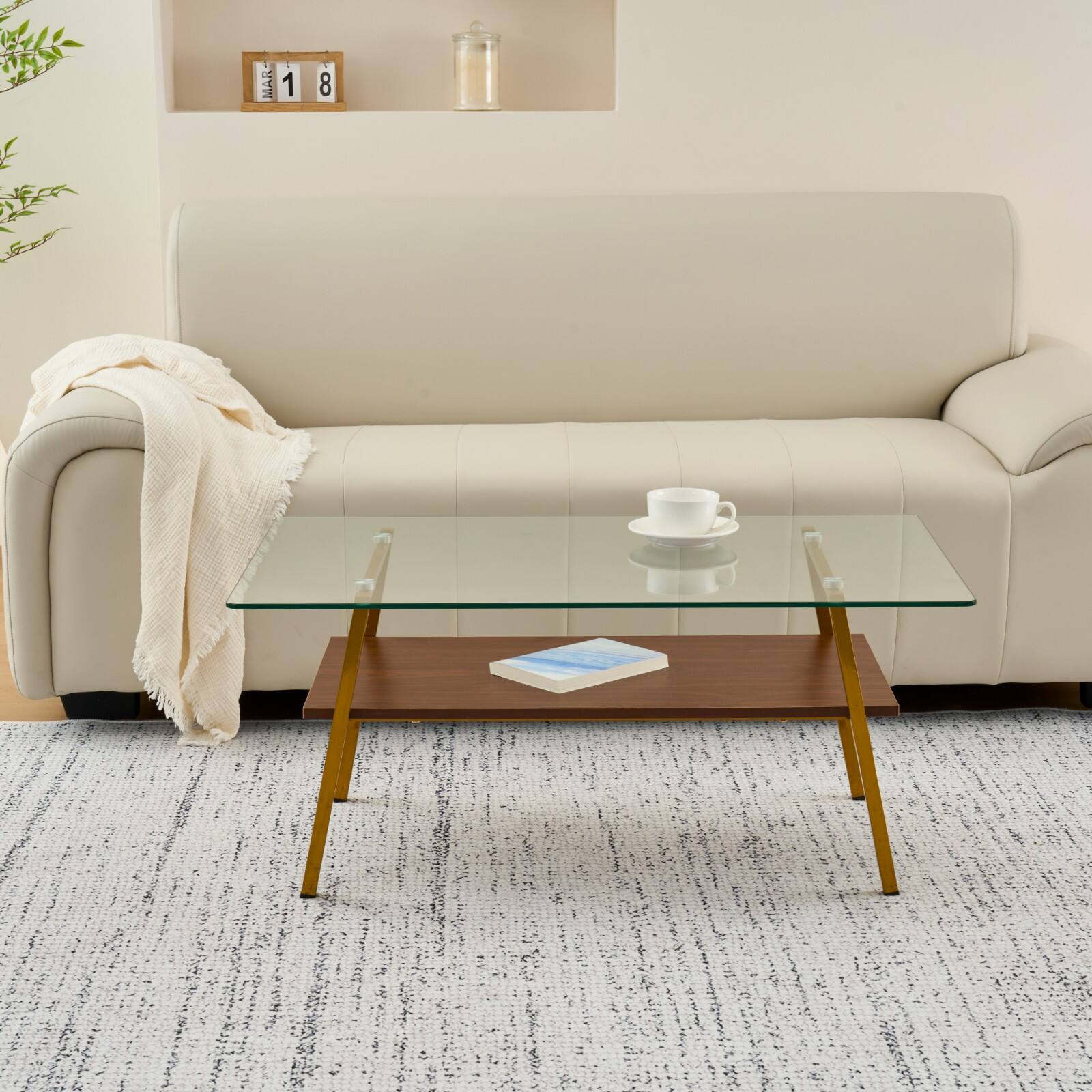 Alt View 8. Ecooso - Rectangle Coffee Table with Tempered Glass top and White Metal Legs, Modern Table for Living Room - Transparent.