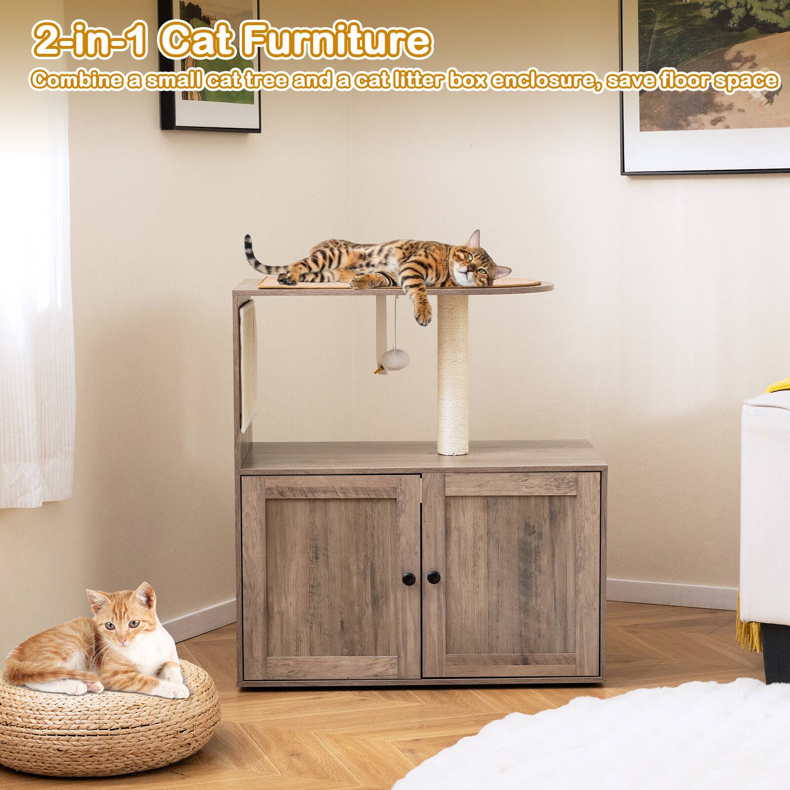 2-in-1 Cat Furniture  
Combine a small cat tree and a cat litter box enclosure, save floor space