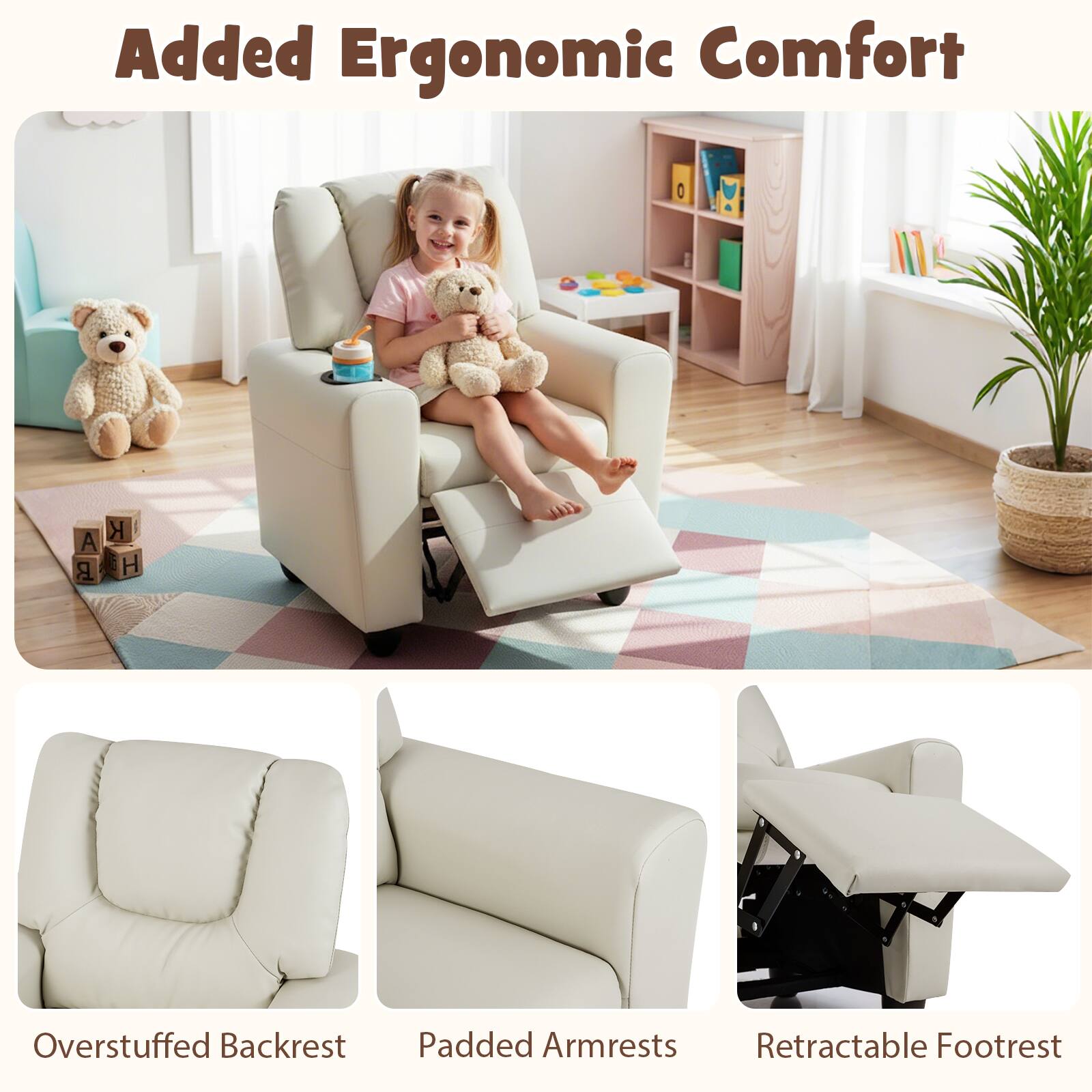 Added Ergonomic Comfort  
- Overstuffed Backrest  
- Padded Armrests  
- Retractable Footrest