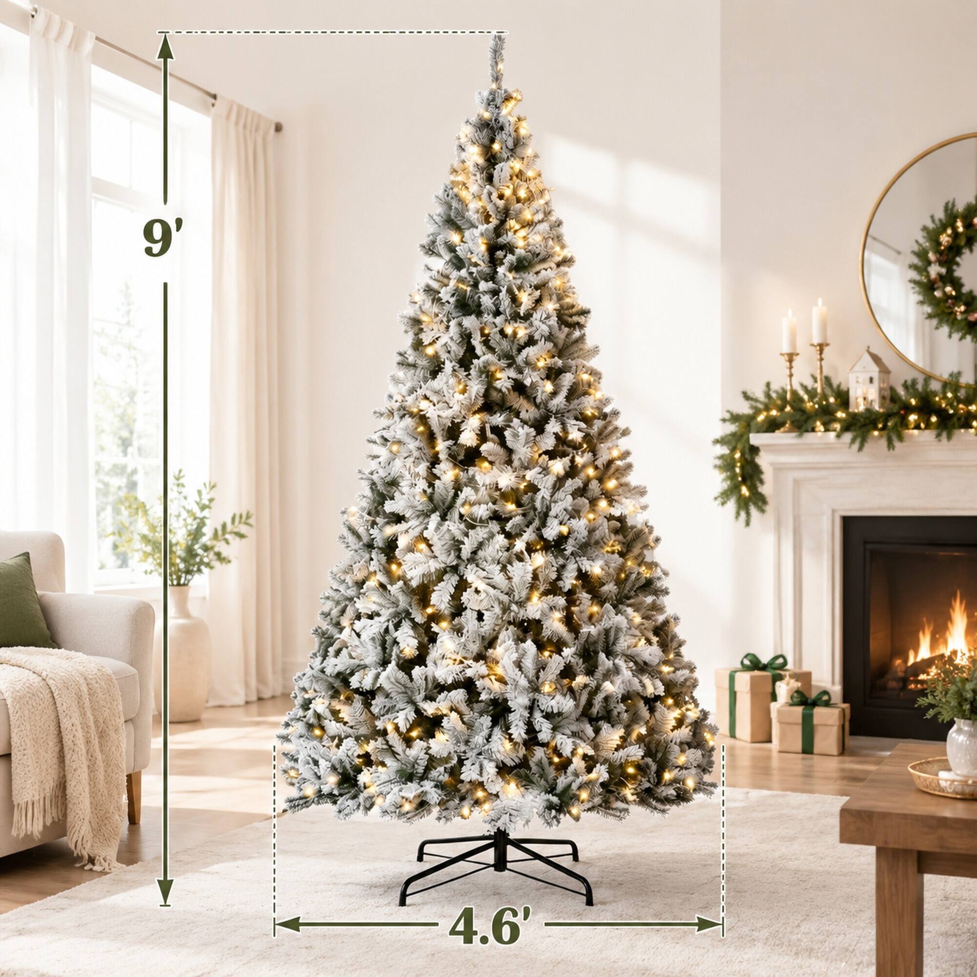 Alt View 3. RYHNUYNE - 9FT Pre-Lit Flocked Fraser Fir Christmas Tree With LED Lights and Hinged Branches, Foldable Metal Base - Green.