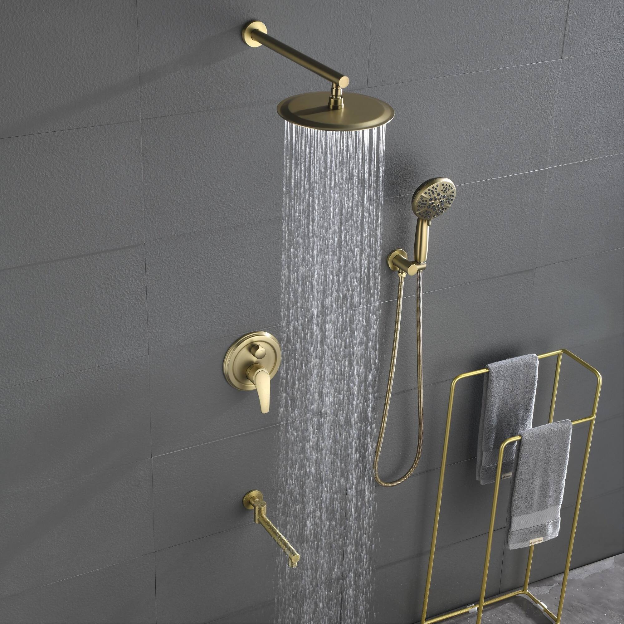 Alt View 2. Boyel Living - Brushed Gold 10-Inch Rain Shower System Brass SUS304 3-Function Valve 7-Function Handheld 180° Spout cUPC - Brushed Gold.