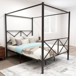 LUCKY ONE - Queen Size Metal Canopy Bed Frame with X-Shaped Frame, Platform Bed, Steel Construction, No Box Spring Needed - Black