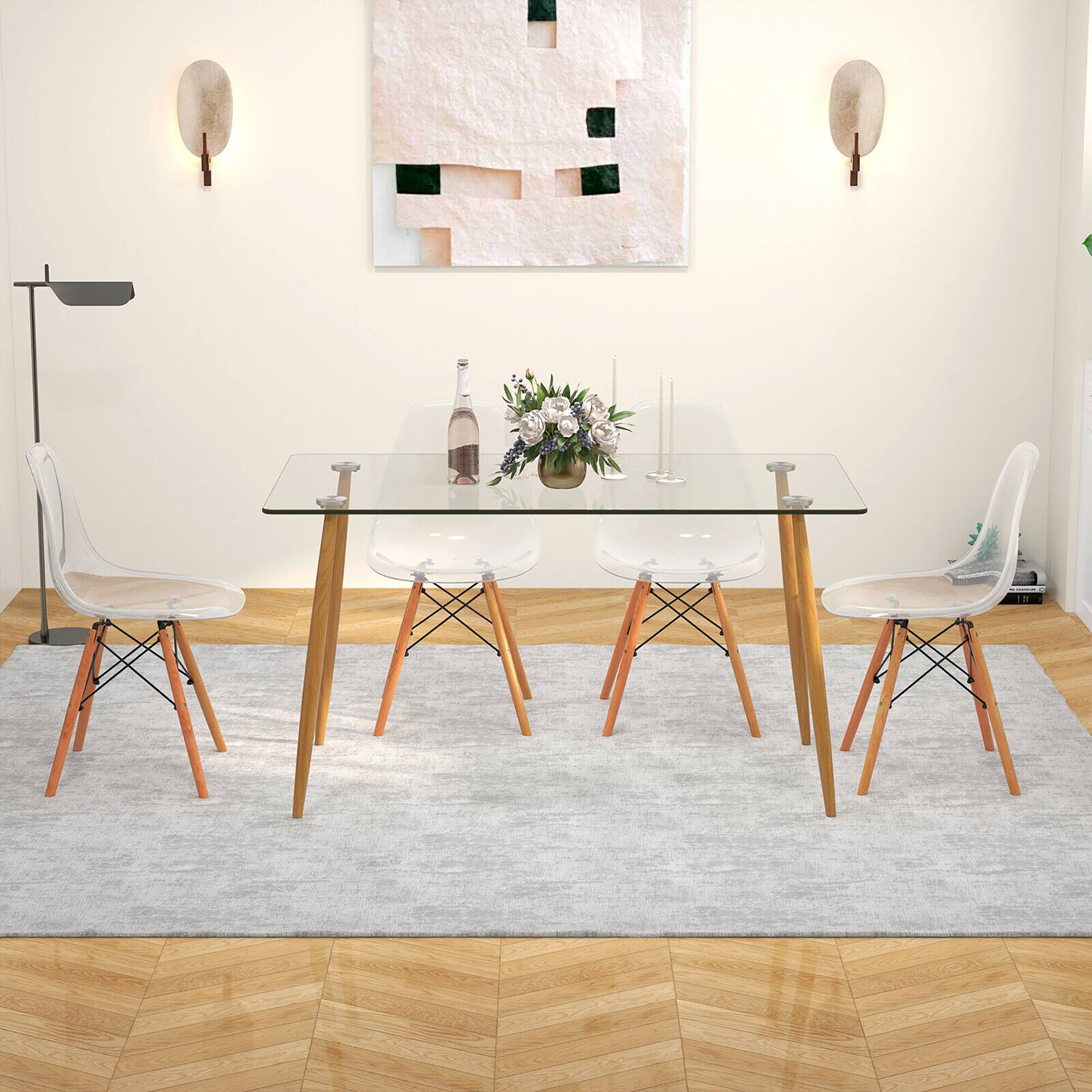 Alt View 3. Gymax - Gymax Modern 5-Piece Dining Table Set w/ Rectangle Glass Table & 4 Transparent Chairs - Clear + Natural.