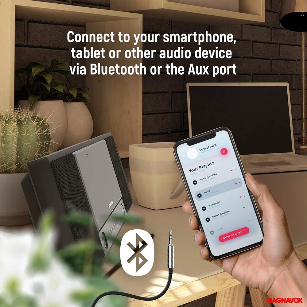 Connect to your smartphone, tablet or other audio device via Bluetooth or the Aux port

Lovestruck

Your Playlist

Sweet Caroline
Devil
Heartbeat
Sweet Caroline

PLAYING NOW

MAGNAVOX