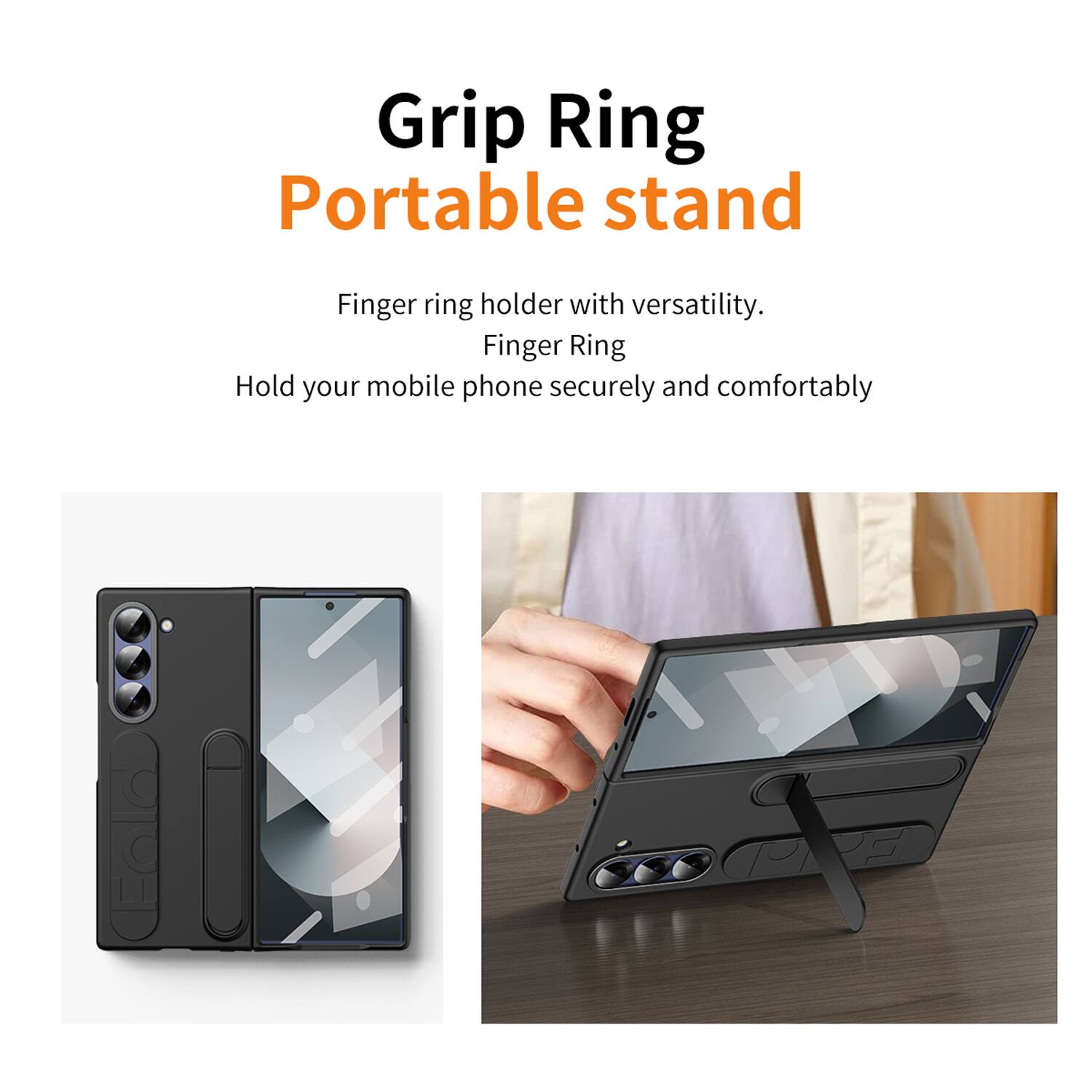 Grip Ring Portable Stand

Finger ring holder with versatility.  
Finger Ring  
Hold your mobile phone securely and comfortably
